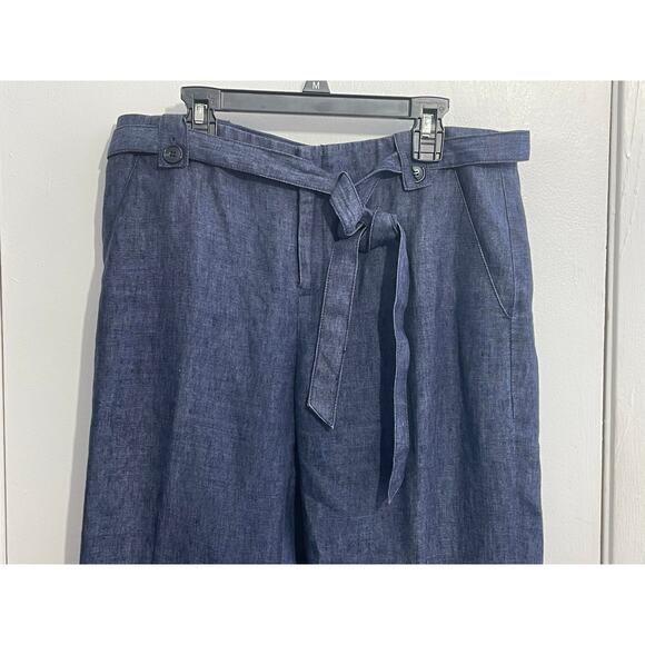 Lafayette 148 NY Linen Chambray Pants Size 6 High Rise Tie Belt Wide Leg Preppy - Picture 2 of 7